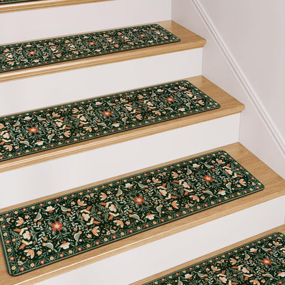 OJIA Floral Stair Treads Non-Slip Stair Runner for Wooden Steps Indoor 15PCS 30"x8" Carpet Stair Treads Stair Mats Staircase Step Treads for Kids, Elders and Dogs, Stair Covers, Black