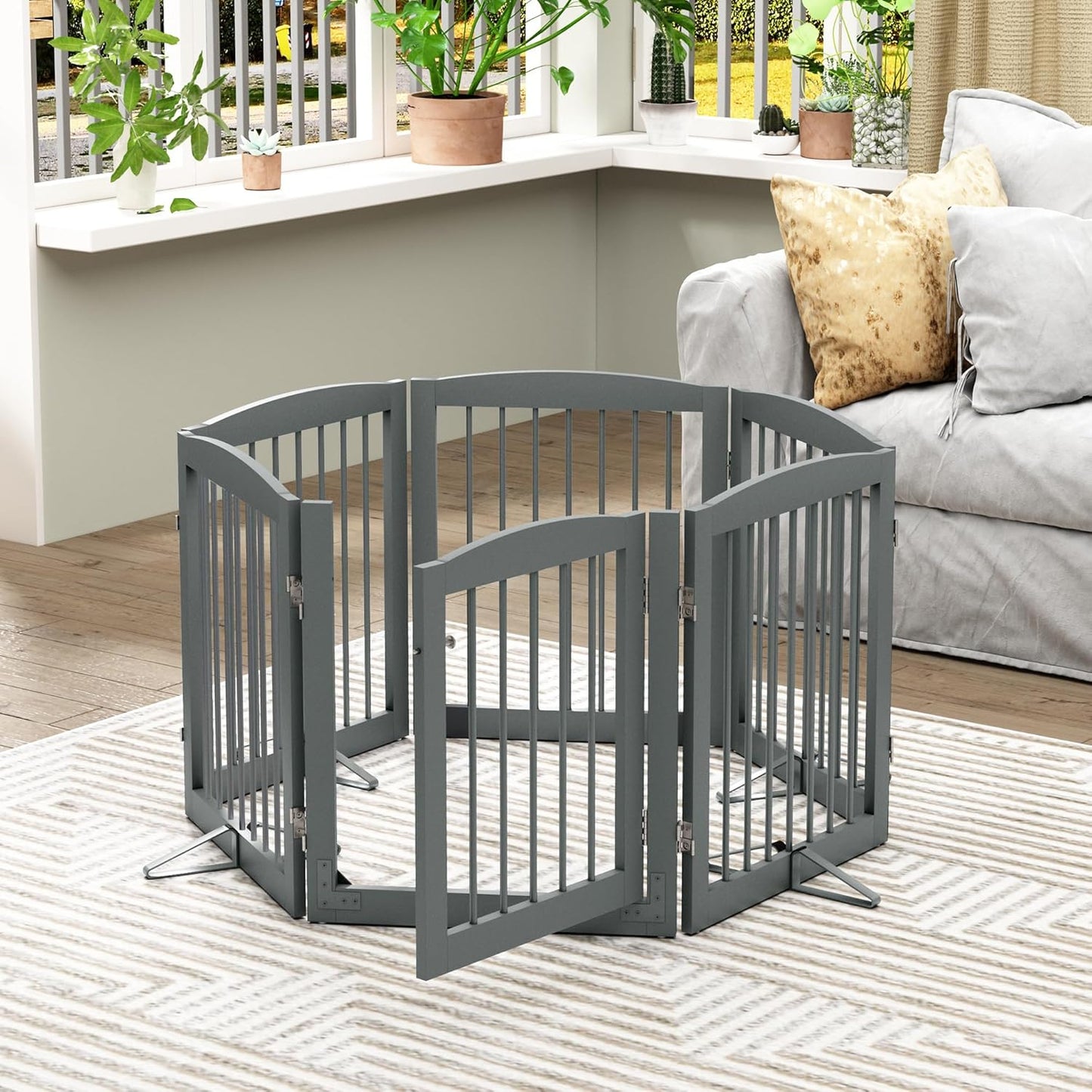 PUPETPO Freestanding Dog Gate with Door, Pet Gate for Stairs, 80 inch Wide Pet Barrier Indoor, Dog Fences Indoor, Support Feet Included, 4 Panels, 24" Tall, Dark Brown