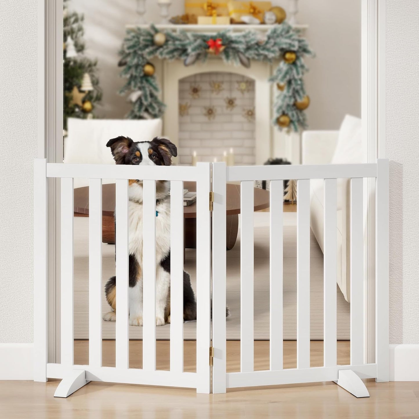 36" Height Extra Tall Freestanding Pet Gate, Solid Wood Folding Safety Fence Wooden Dog Gate with 2 PCs Support Feet Ideal for Stairs, Doorways, Halls, Kitchens, Heavy Duty Gates, 3 Panels, Oak