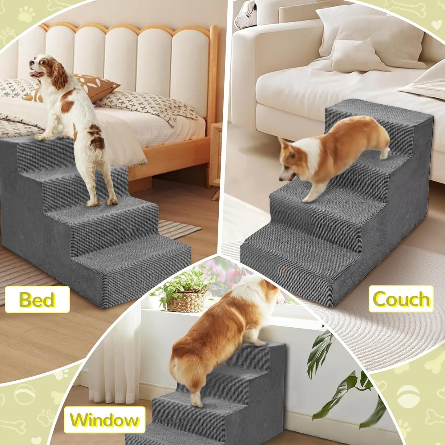 Niubya Dog Stairs for Small Dogs and Cats,18'H Non-Slip Bottom Pet Steps for High Beds and Couch,Extra Wide High-Density Foam Pet Stairs Grey,4 Steps