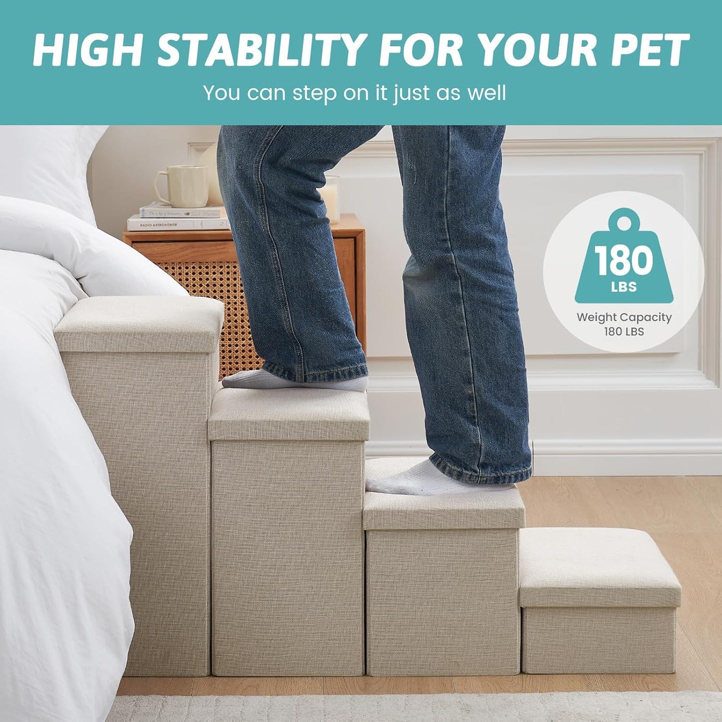 Dog Stairs with Storage, 4-Step Wider Sturdy Dog Steps for Small/Medium/Large Dogs and Older Cats, Folding Doggie Ramp for Bed/Couch/Car Hold Up to 180 lbs (22" H, Brown)