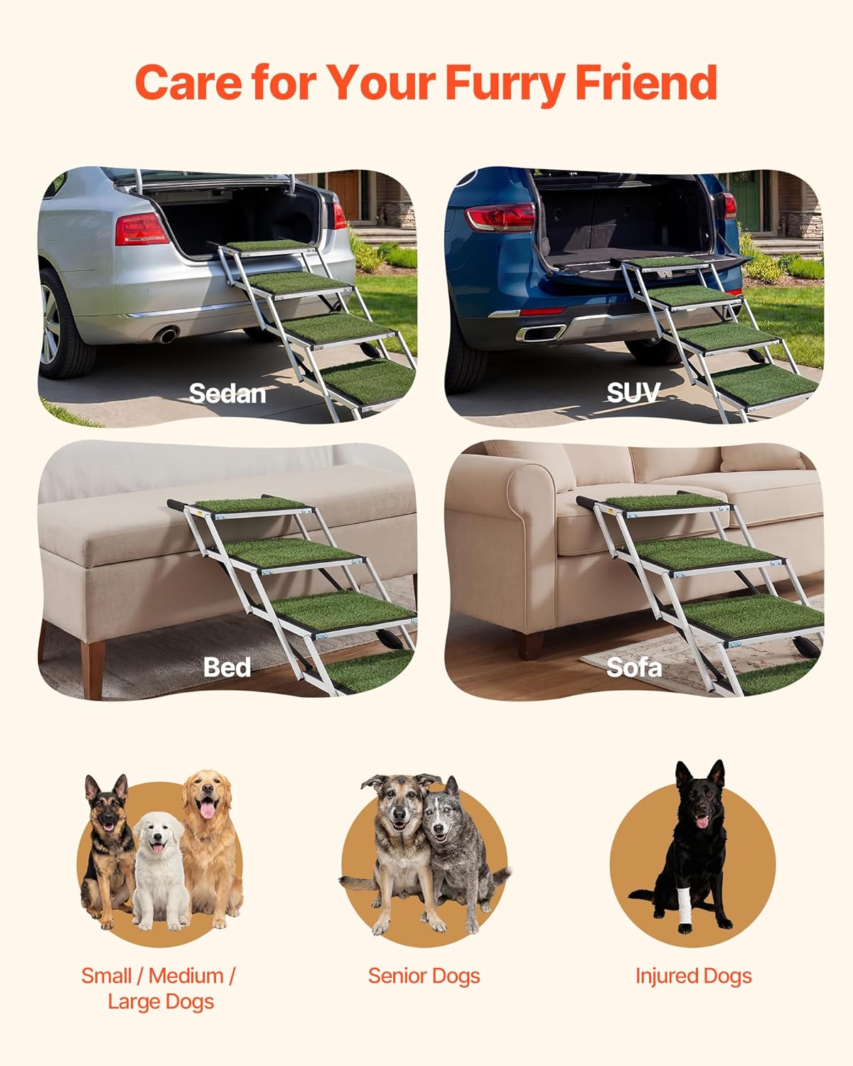 VEVOR Dog Stairs for Car, 4 Steps Extra Wide Foldable Dog Ramp for Large Dogs with Non-Slip Rug Surface, Portable Lightweight Pet Ladder for Car, SUV, Truck, High Beds, Sofas, Support up to 200 lbs