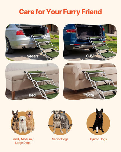 VEVOR Dog Stairs for Car, 4 Steps Extra Wide Foldable Dog Ramp for Large Dogs with Non-Slip Rug Surface, Portable Lightweight Pet Ladder for Car, SUV, Truck, High Beds, Sofas, Support up to 200 lbs