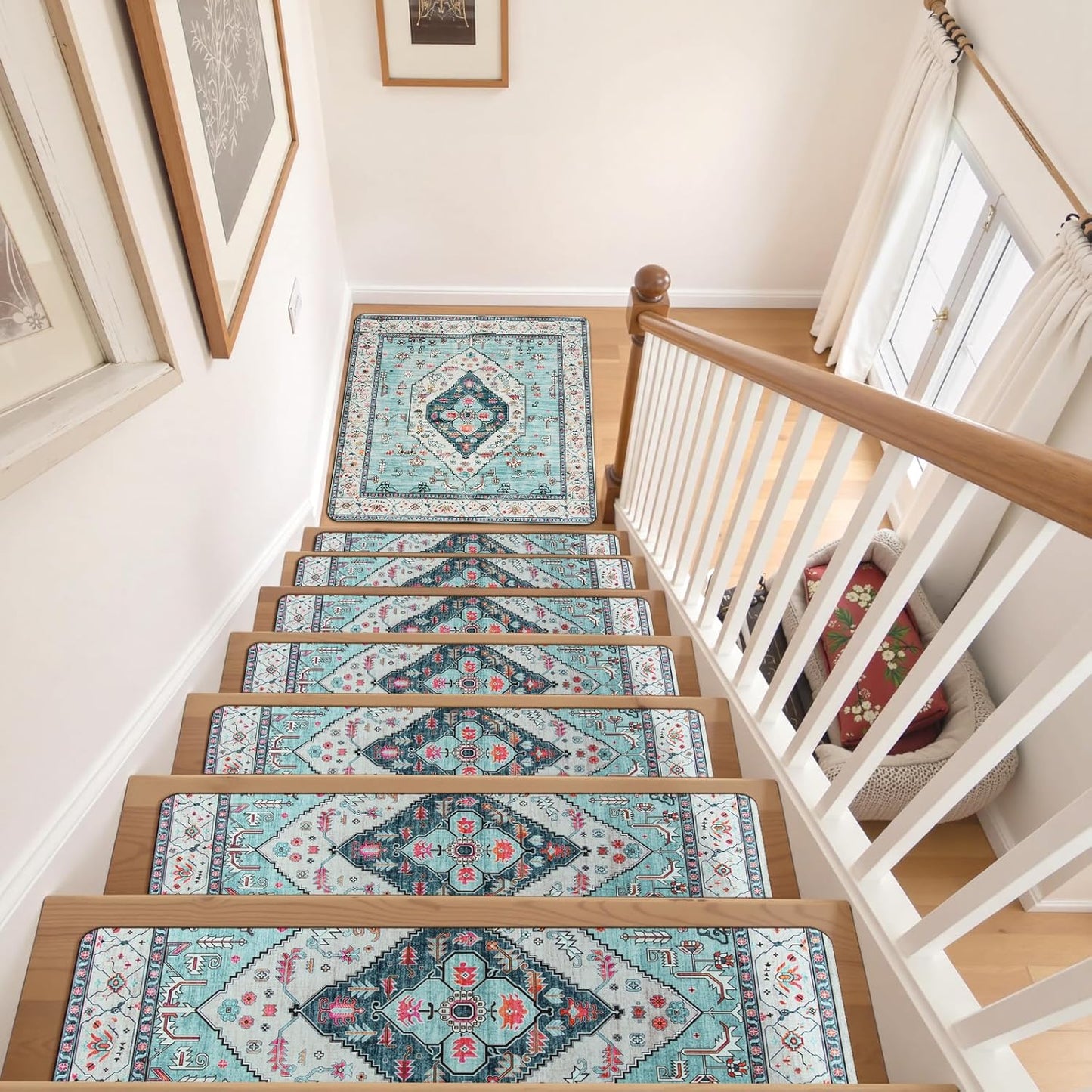 OJIA Non-Slip Carpet Stair Treads for Wooden Steps Set of 15, 30''X8'' Indoor Runner Resistant Rugs Rubber Safety Mats for Dogs, Kids & Elders, Stairway Grip