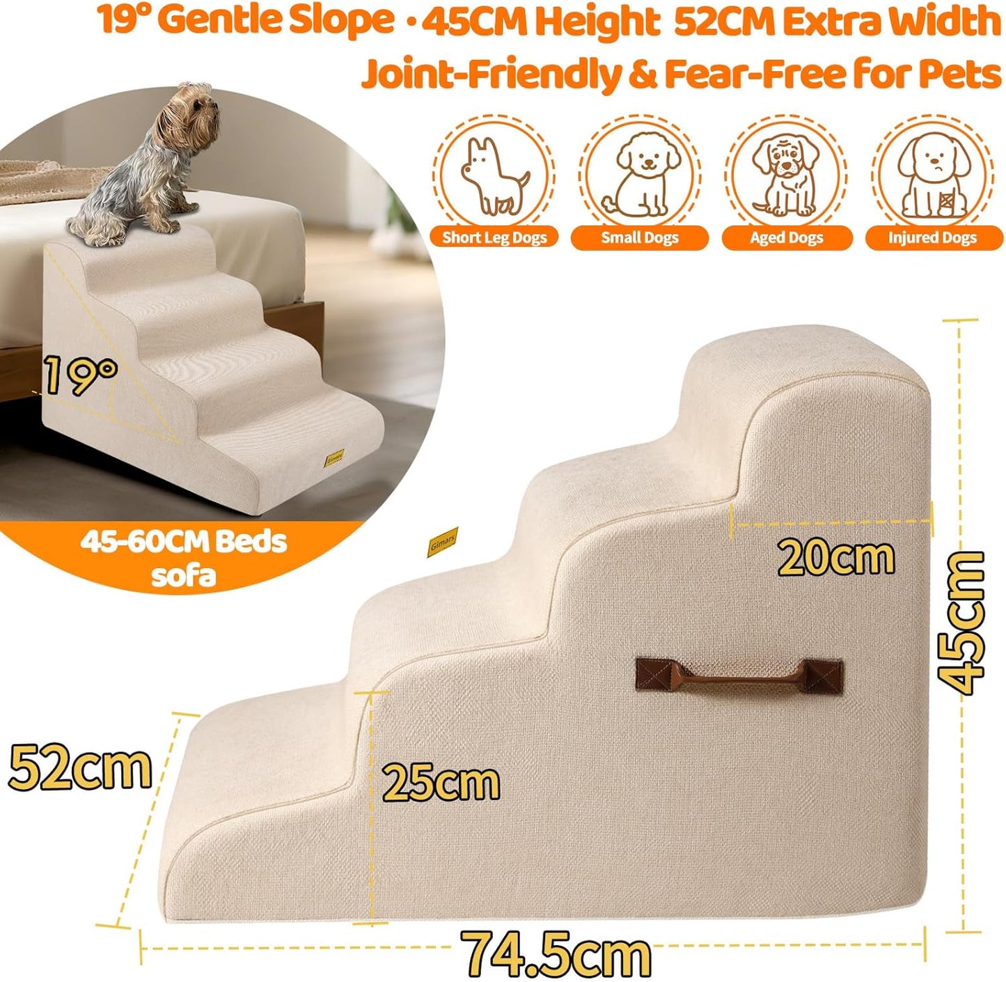 Gimars Upgraded 55CM Long Wide Steps 2 Step Dog Stairs for Small, Medium & Senior Dogs, 30CM High Ramp with 33D High-Density Foam, Linen Cover, Non-Slip Base, Supports 30KG, for Bed & Sofa