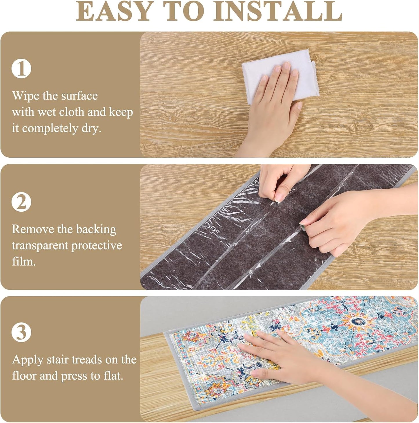 Pauwer Carpet Stair Treads for Wooden Steps Indoor 15 Pack 8" X 30" Peel and Stick Stair Treads Non Slip Staircase Step Treads Reusable Stair Runner Rugs for Dogs, Kids and Elders