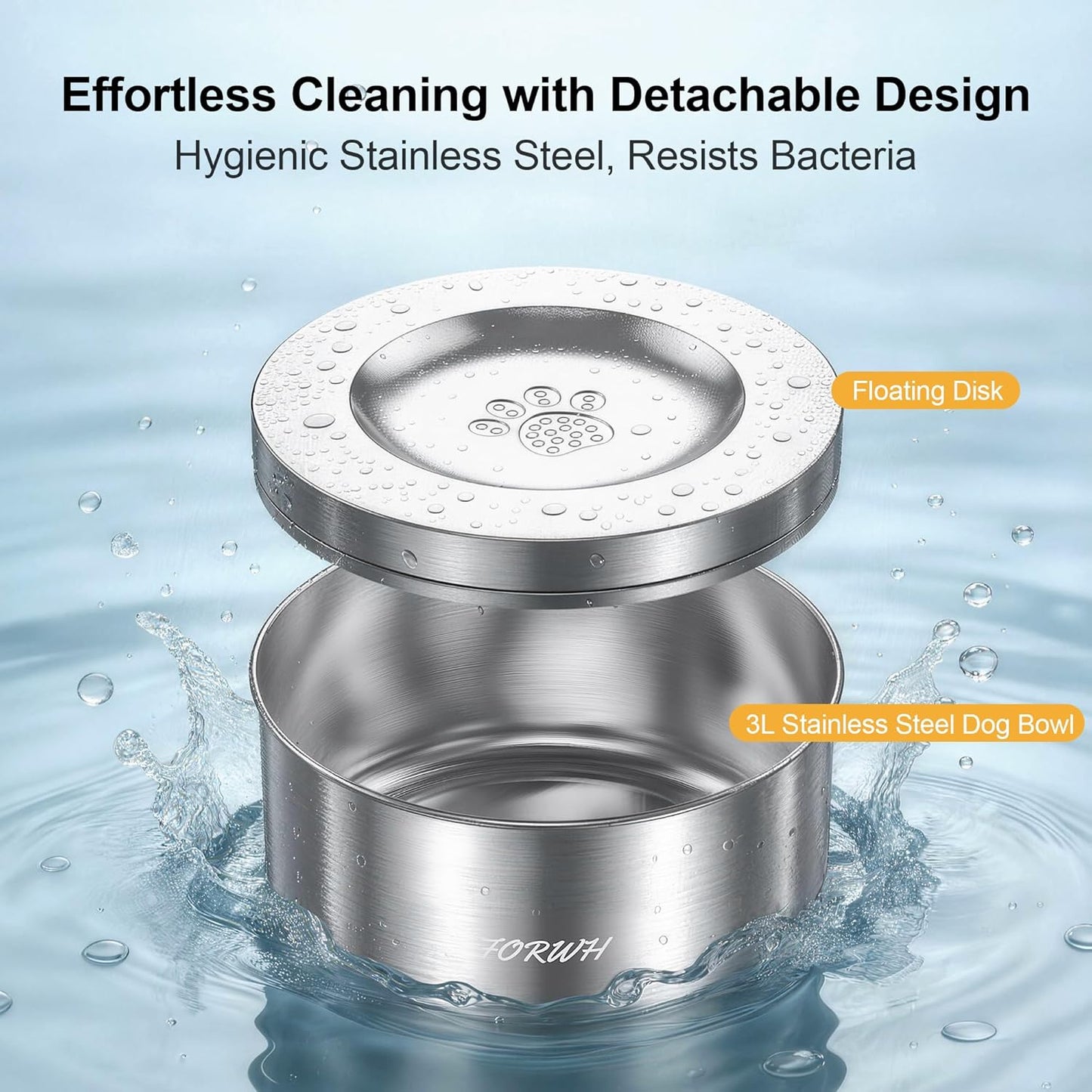 304 Stainless Steel Dog Water Bowl No Spill, 101oz/3L Large Capacity Pet Water Dispenser with Floating Disk, Non-Slip Slow Drink Feeder for Cat, Anti-Gulping & Splash Proof for Travel, Car & Home