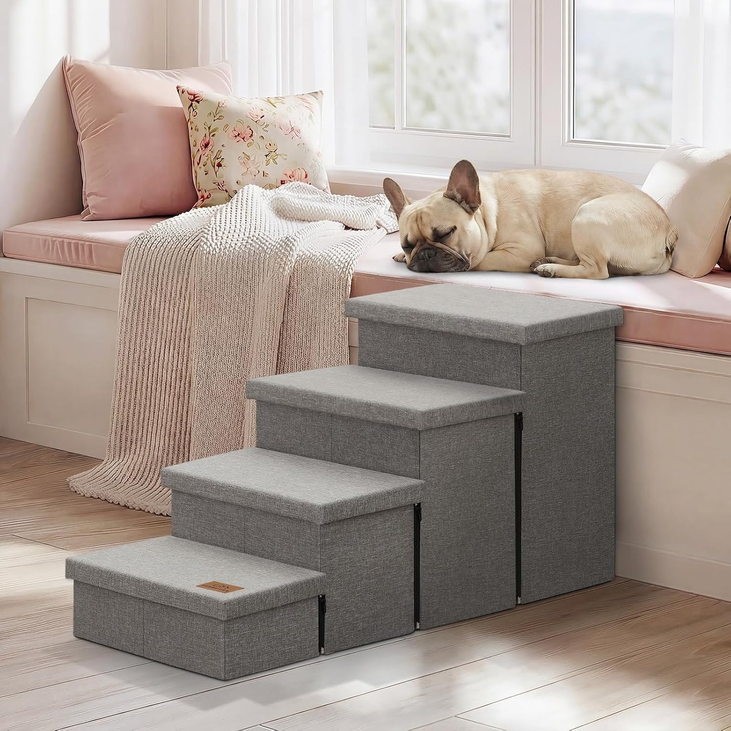 Zerbuger Wider Dog Ramp for High Bed with Storage 18" H, Foldable Dog Stairs for Small Medium Large Older Senior Animal, Sturdy Dog Step for Climbing Bed or Couch, Arthritis-Friendly (Gray, No Condo)