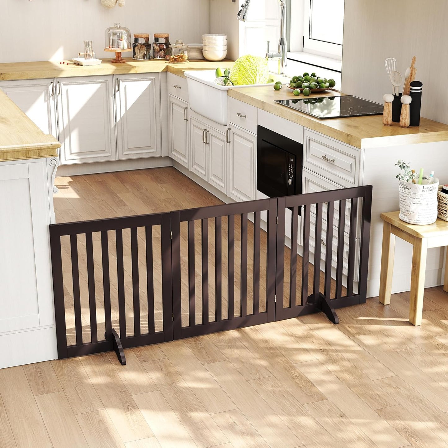 PUPETPO 24”H Freestanding Wooden Pet Gate, Dog Gate for Stairs, Doorways, and Hallways, Step Over Foldable Pet Fence for Indoor Use, Support Feet Included, 60 inch Wide 3 Panels, Grey