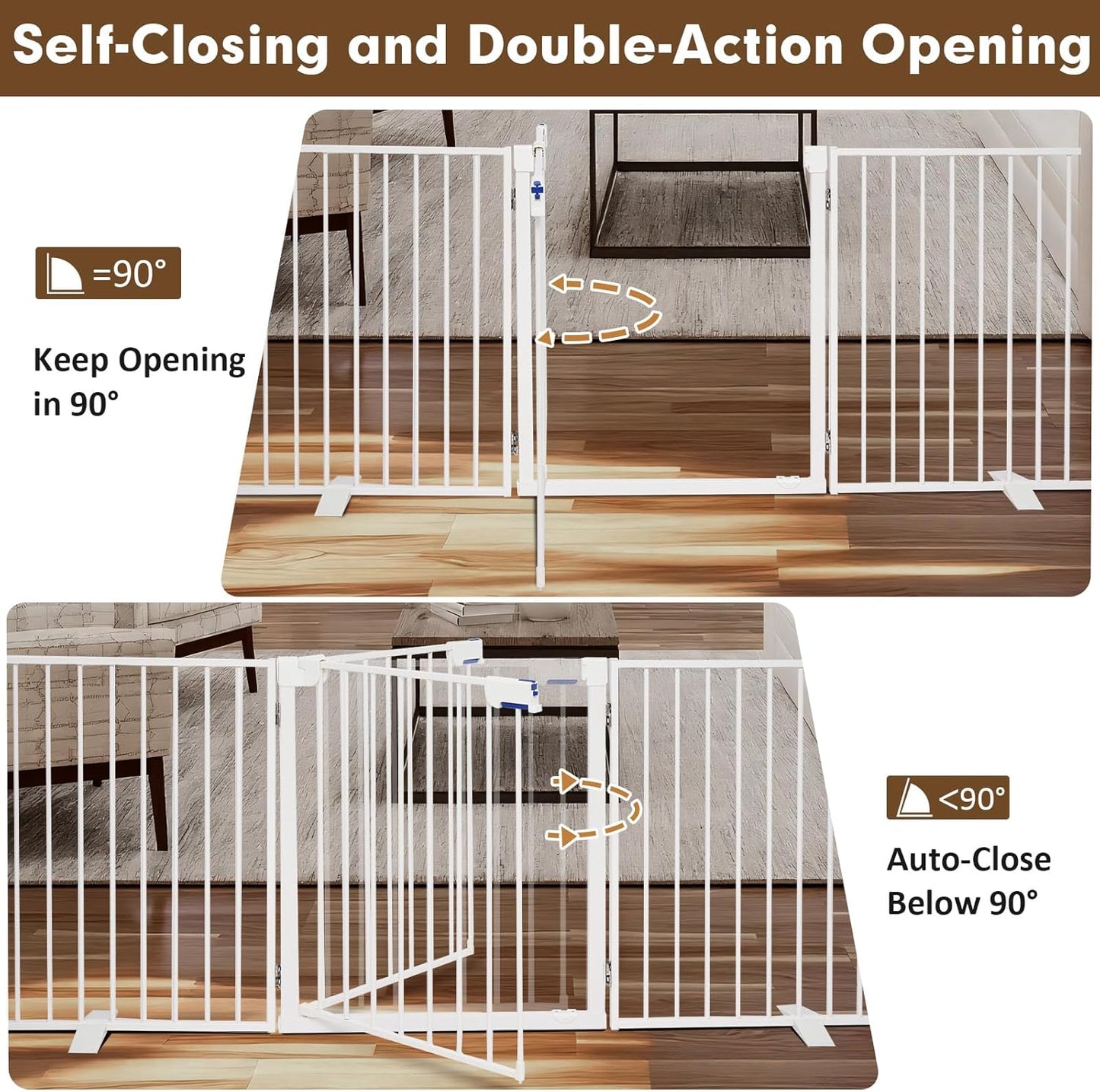 104" Extra Wide Dog Gate, Heavy Duty Metal Freestanding Dog Gate with Door for Indoor & Outdoor, Foldable Pet Fence for Doorways,House,Porch,Deck,Yard,Stairs, Auto Close(4 Panels,Black)
