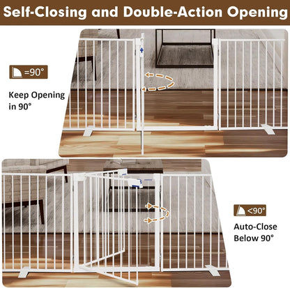 104" Extra Wide Dog Gate, Heavy Duty Metal Freestanding Dog Gate with Door for Indoor & Outdoor, Foldable Pet Fence for Doorways,House,Porch,Deck,Yard,Stairs, Auto Close(4 Panels,Black)