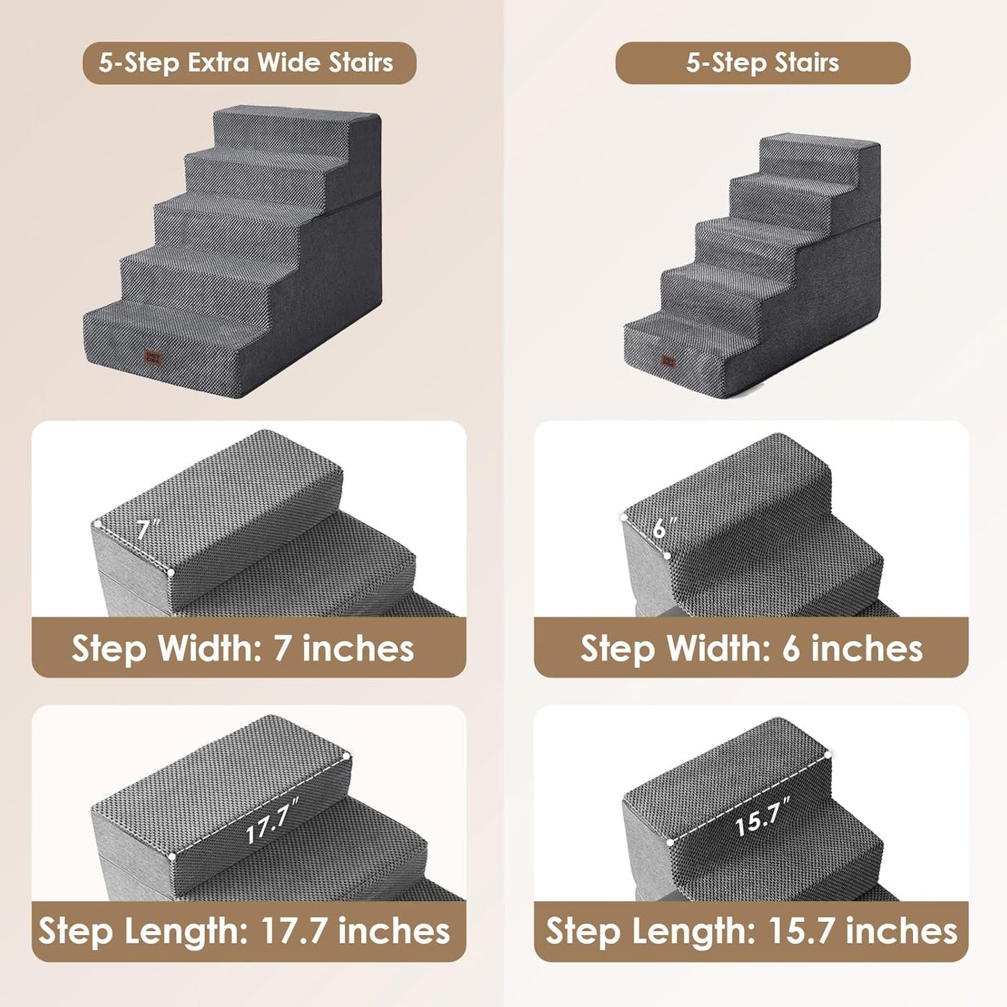 EHEYCIGA Dog Stairs for High Bed 22.5" H, 5-Step Dog Steps for Bed, Pet Steps for Small Dogs and Cats, Non-Slip Balanced Pet Ramp Indoor, Grey