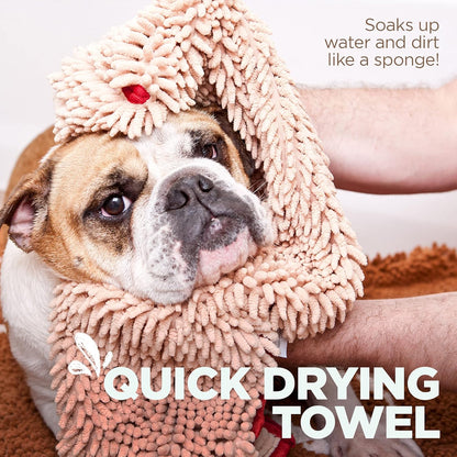 Soggy Doggy Super Shammy Dog Towel – Absorbent Microfiber Chenille Pet Towel for Drying Wet Dogs, Paws, Quick Dry Dog Shammy with Hand Pockets, Machine Washable – Chocolate/Oatmeal Trim, 31” x 14”