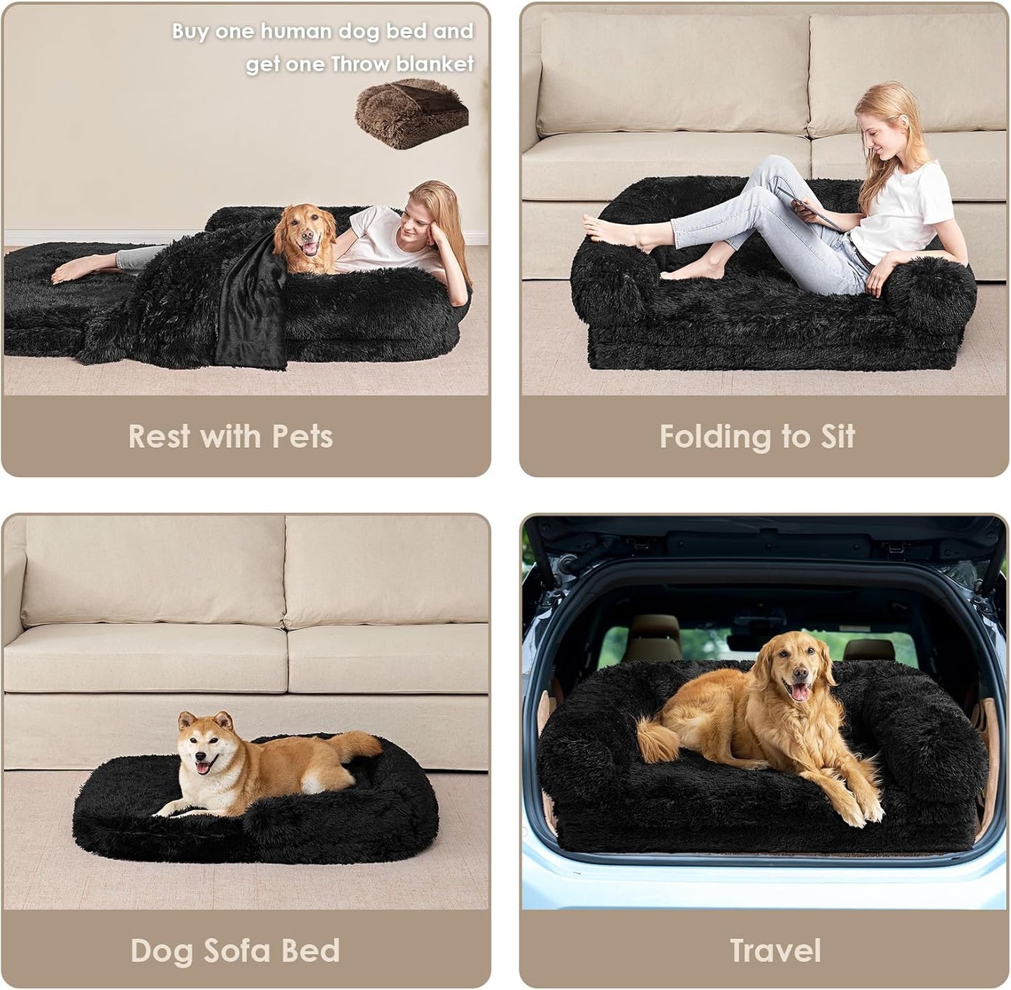 EHEYCIGA Foldable XXL Dog Bed for Large Sized Dog, 54"x38"x7.5" Faux Fur Fluffy Pet Couch Bed, Orthopedic Calming Memory Foam Big Pet Bed, Washable Pet Sofa Bed with Non-Slip Bottom, Dark Grey