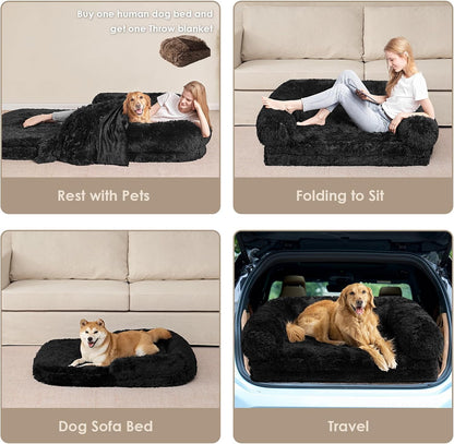 EHEYCIGA Foldable XXL Dog Bed for Large Sized Dog, 54"x38"x7.5" Faux Fur Fluffy Pet Couch Bed, Orthopedic Calming Memory Foam Big Pet Bed, Washable Pet Sofa Bed with Non-Slip Bottom, Dark Grey