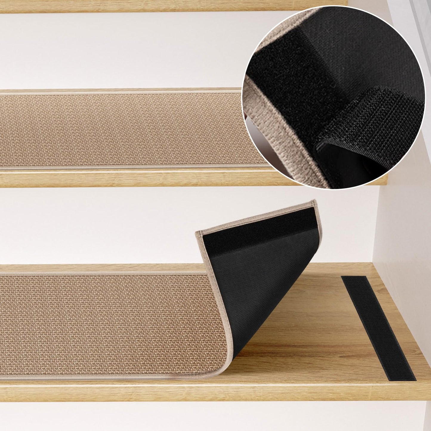 Peel and Stick Adhesive Stair Treads for Wooden Steps Indoor Set of 15 Pack, Rubber Backed Non Slip Jute Stair Rug Step Pads for Pet Dog, Elders and Kids, Beige