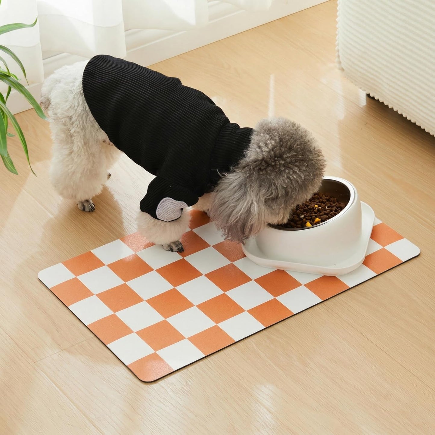 Checkered Dog Feeding Mat, Absorbent Mats for Dog Food and Water Bowl, Dispenser, Retro Aesthetic Khaki Beige Checkerboard Pet Placemat for Dogs, Cats, Puppy Accessories, 12" X 19”