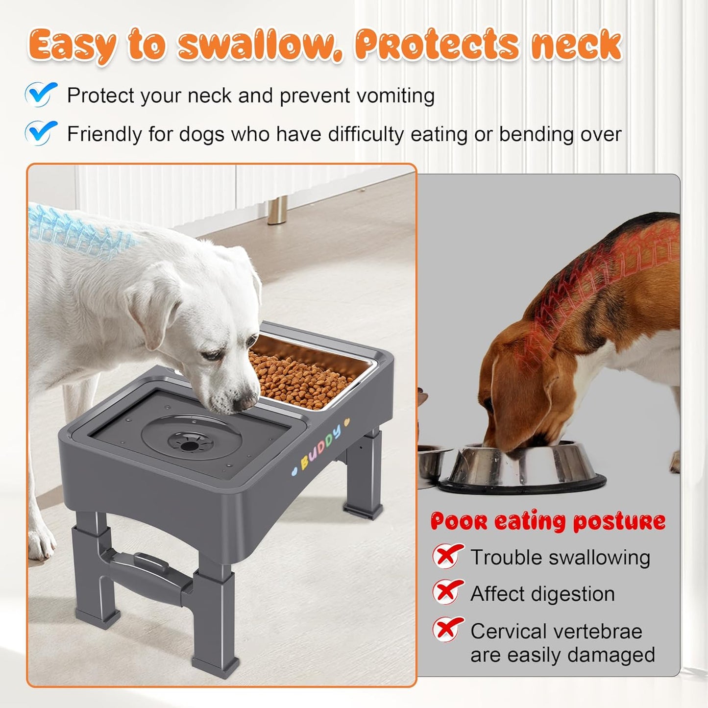 Decflow 3-in-1 Elevated Dog Bowls, 4 Height Adjustable Raised with Stainless Steel, Slow Feeder, No Spill Water Bowl, DIY Stickers Foldable Pet Bowl for Medium Large Dogs