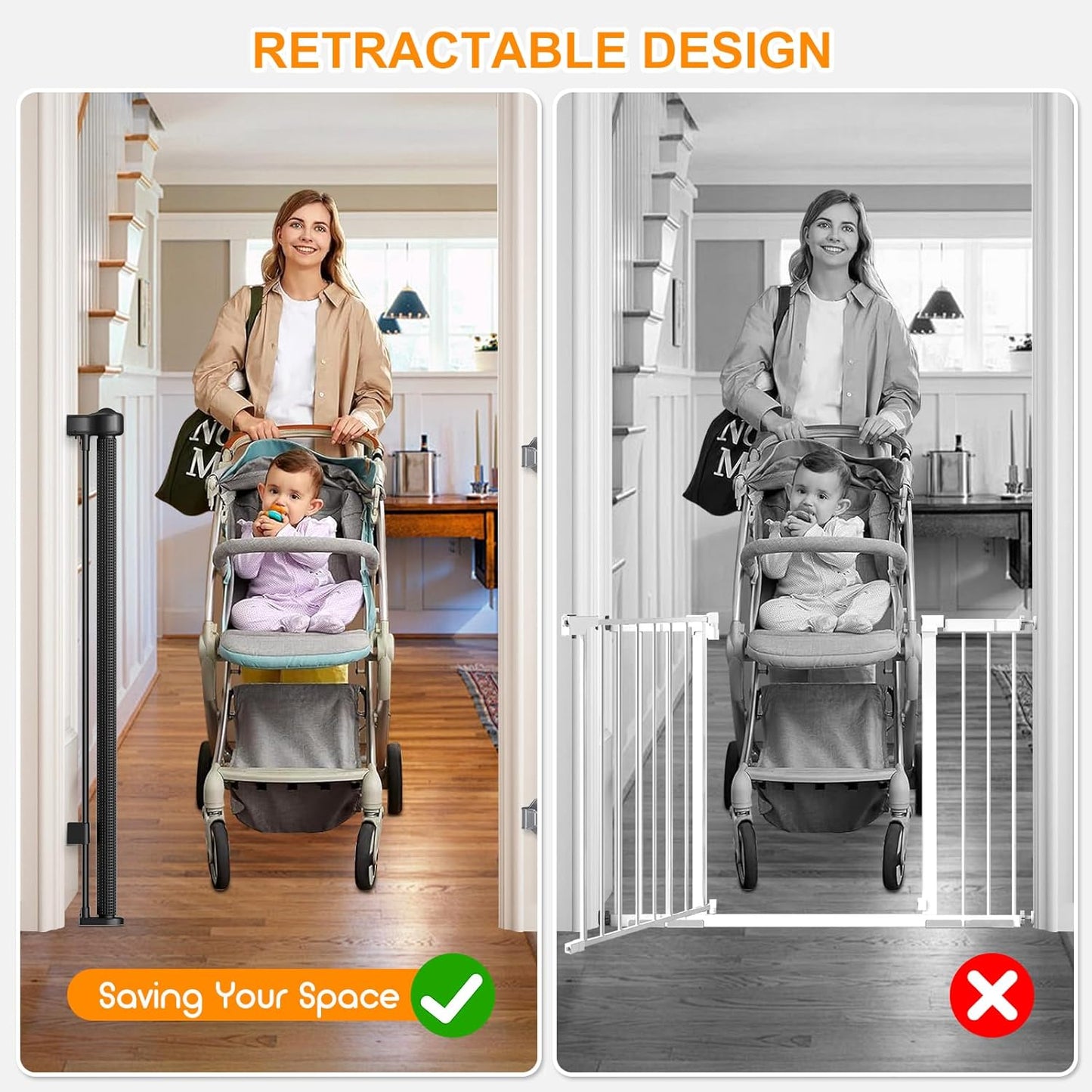 Upgrade 120 inch Retractable Baby Gates, EZIGO Extra Wide Baby Gate for Large Opening Extra Long Mesh Gate for Kids or Pet Dog Gate Child Safety Gate for Stairs Hallways Doorway Indoor Outdoor, Gray