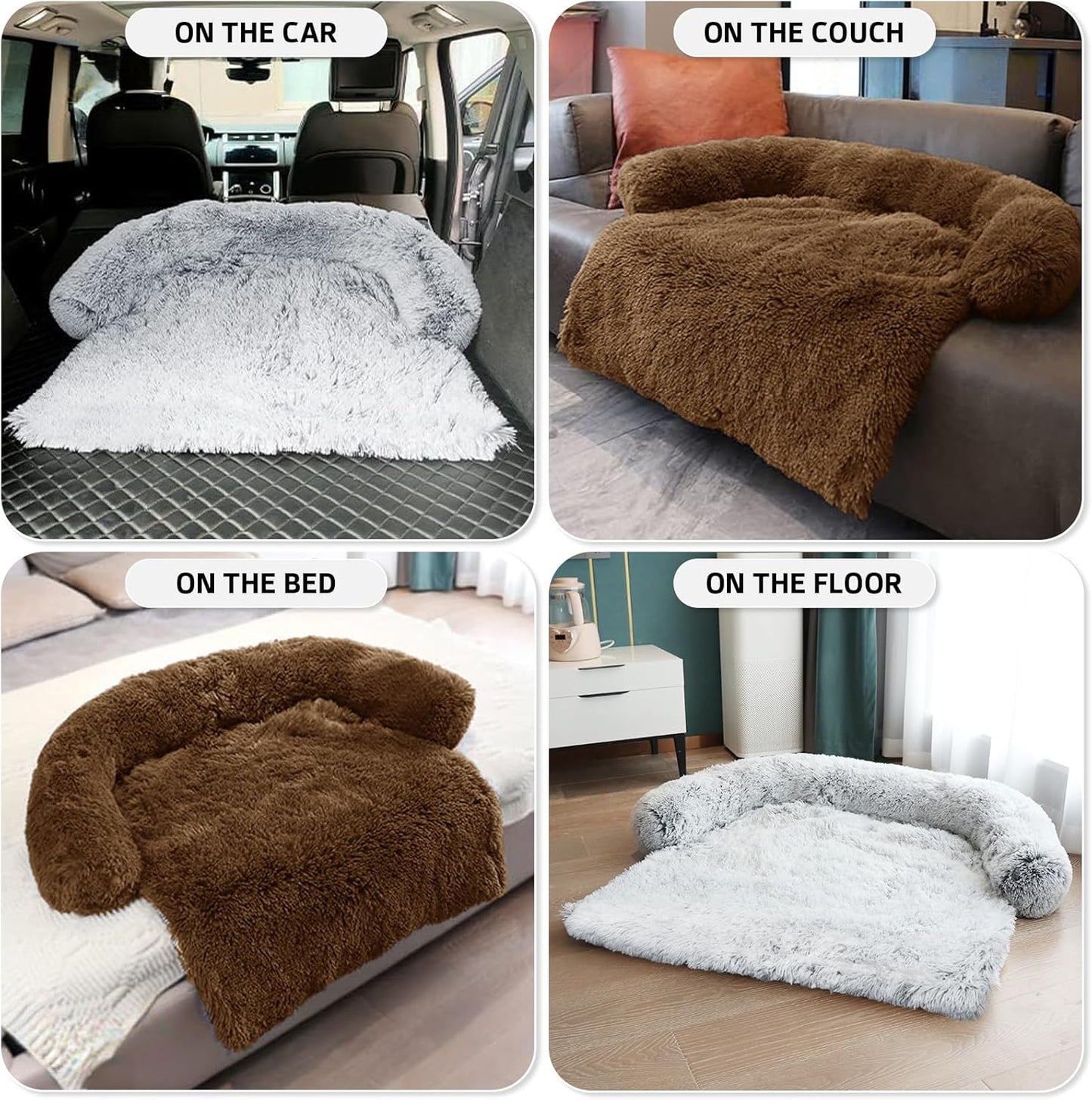 Calming Dog Bed Fluffy Plush Dog Mat for Furniture Protector with Removable Washable Cover for Large Medium Small Dogs and Cats (Large, Light Grey)