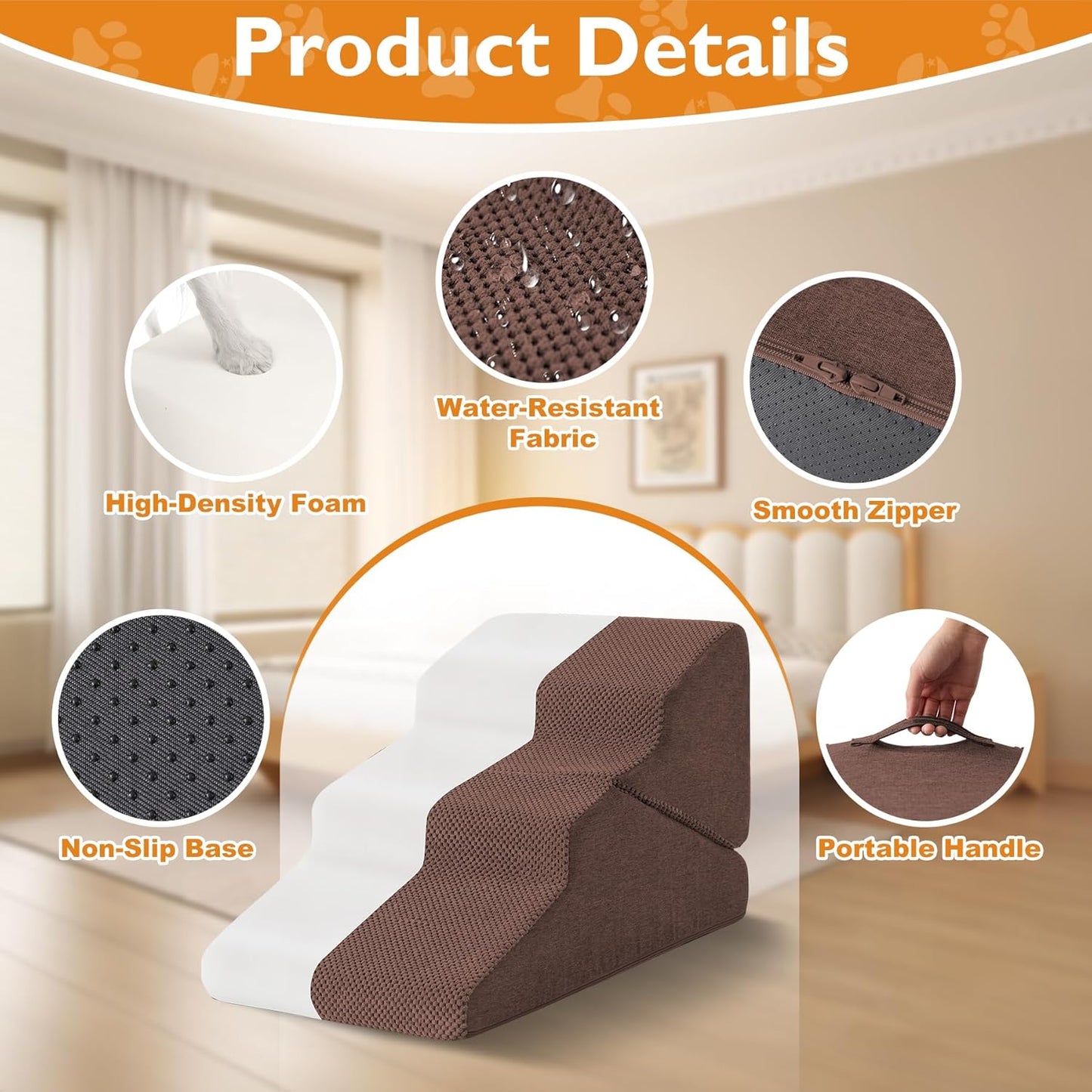 Dog Stairs for Bed 23’’ H, 5-Step Dog Steps for High Bed, Foldable Pet Stairs for Small Dogs and Cats to Get on Beds, Couch, Non-Slip Balanced Pet Steps and Ramp with Waterproof Cover, Grey