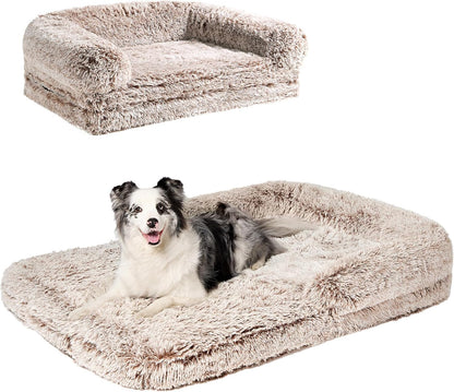 EHEYCIGA Foldable XXL Dog Bed for Large Sized Dog, 54"x38"x7.5" Faux Fur Fluffy Pet Couch Bed, Orthopedic Calming Memory Foam Big Pet Bed, Washable Pet Sofa Bed with Non-Slip Bottom, Dark Grey