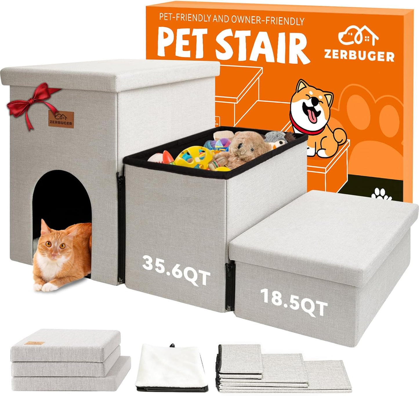 Zerbuger Wider Dog Ramp for High Bed with Storage 18" H, Foldable Dog Stairs for Small Medium Large Older Senior Animal, Sturdy Dog Step for Climbing Bed or Couch, Arthritis-Friendly (Gray, No Condo)
