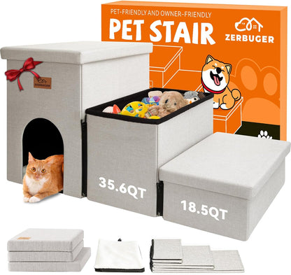 Zerbuger Wider Dog Ramp for High Bed with Storage 18" H, Foldable Dog Stairs for Small Medium Large Older Senior Animal, Sturdy Dog Step for Climbing Bed or Couch, Arthritis-Friendly (Gray, No Condo)