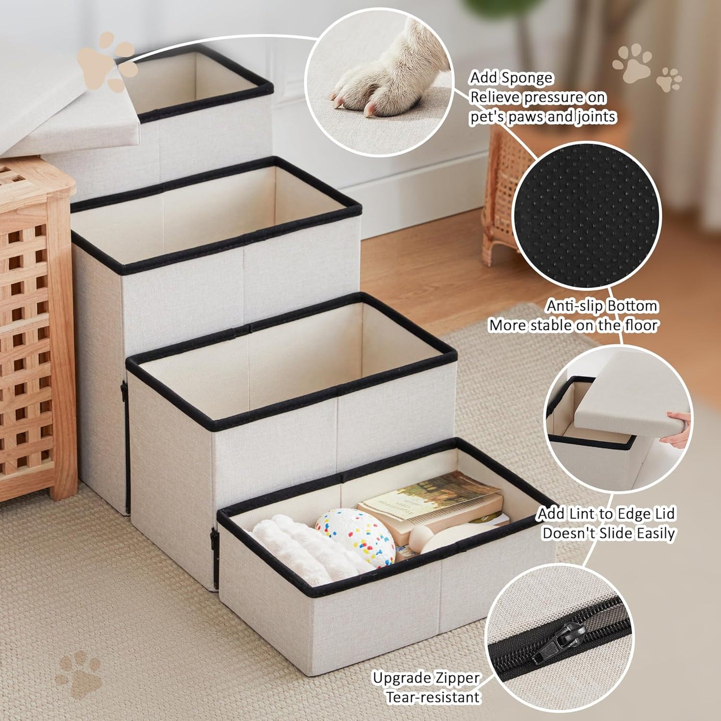 Love's cabin Dog Stairs with Storage 13" H, Foldable Pet Stairs for Small Medium or Large Dogs, Cat Puppy Steps Ramp with Zip up to 150 lbs, Solid Grey, 2 Steps