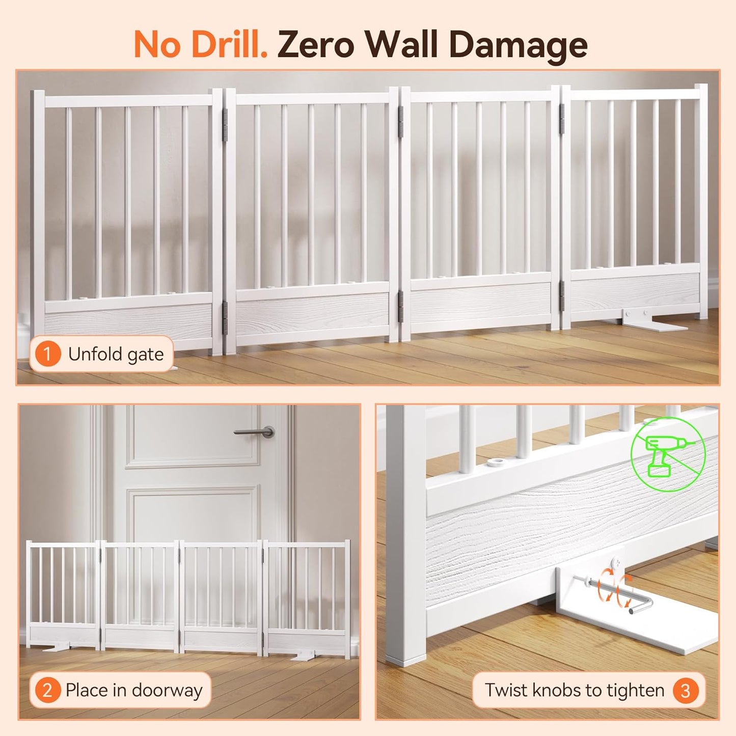 Dog Gate for Small Dogs, 48" No Drill Foldable Reinforced Base Pet Fence, Heavy Duty Step-Over Doorway Puppy Barrier, Anti-Tip Metal Frame, Supports 200+ lbs, Black