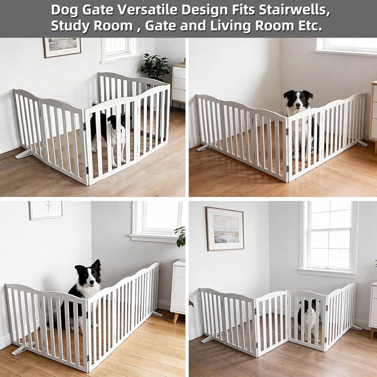 Freestanding Dog Gate Indoor,Doggie Gate Foldable Dog Gates for Doorways,Stairs or Hallways, Wooden White Pet Gate for the House, Pet Fence with Support Feet Included,24 "Height-4 Panels