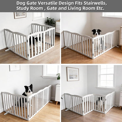 Freestanding Dog Gate Indoor,Doggie Gate Foldable Dog Gates for Doorways,Stairs or Hallways, Wooden White Pet Gate for the House, Pet Fence with Support Feet Included,24 "Height-4 Panels