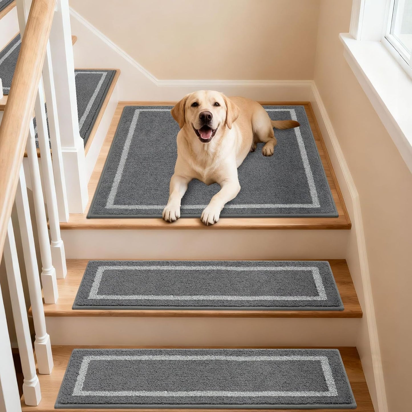 COSY HOMEER Soft Stair Treads Non-Slip Carpet Mat 28inX9in Indoor Stair Runners for Wooden Steps,Stair Rugs for Kids and Dogs, 100% Polyester TPE Backing 4pcs,Beige