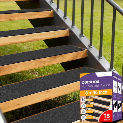 Outdoor Stair Treads Non Slip for Wooden Steps 6" x 30" - 15 Pack Weather Resistant Exterior Grip Tape, Non Slip Stair Treads, Anti Skid Strips, Waterproof 80-Grit High Traction Adhesive Treads, Black