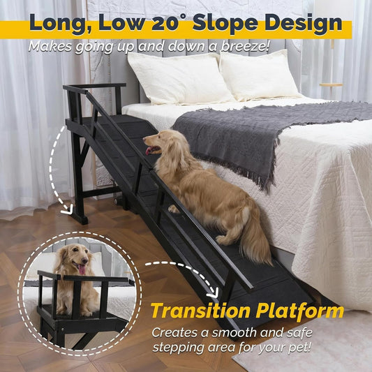 Dog Ramp for Bed or Couch, Wooden Pet Ramp with 20° Gentle Slope, Removable Side Rails, Non-Slip Surface, Top Platform & Wheels, Safe Bed Ramp for Small, Large & Senior Dogs, 60" Long, Mahogany