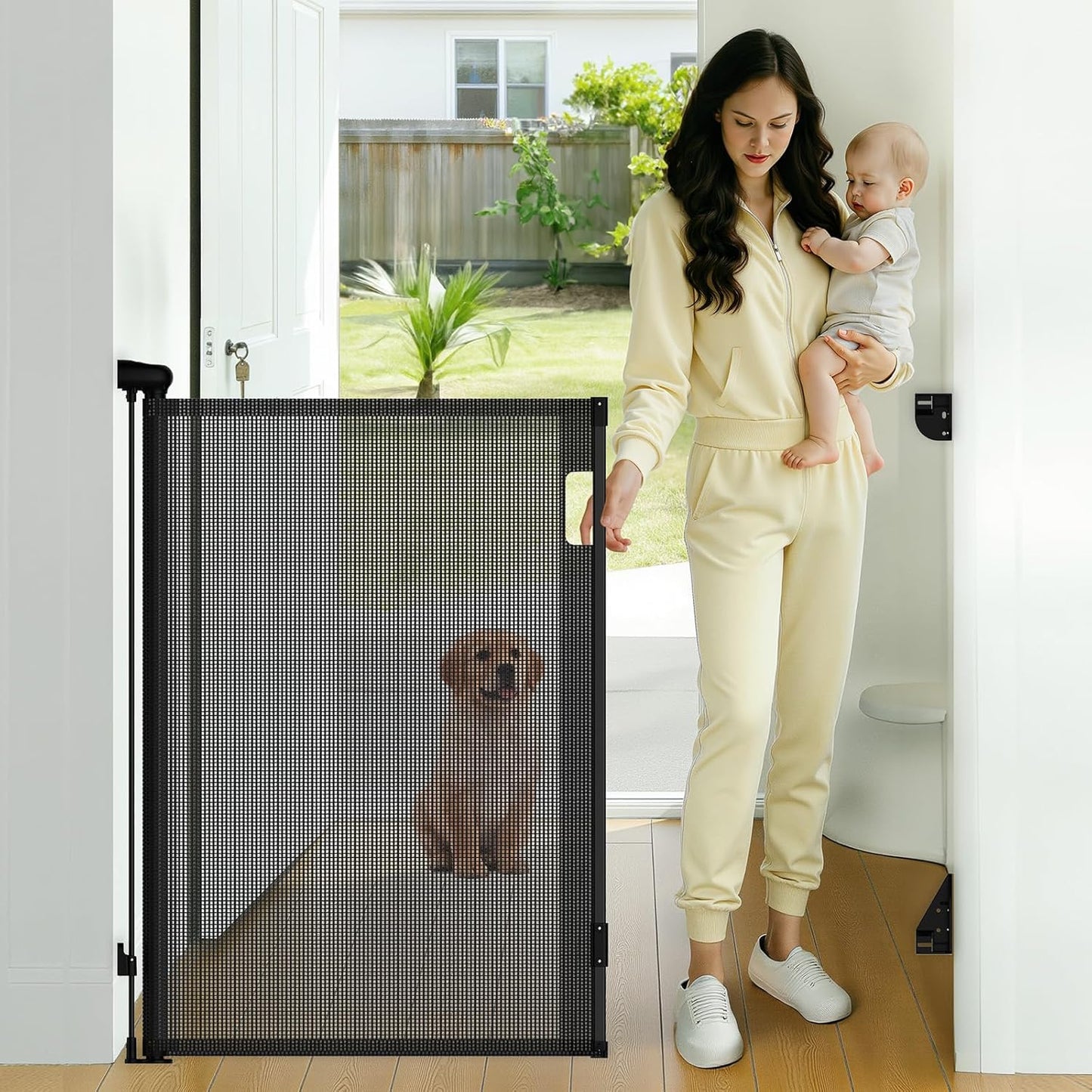 Retractable Baby Gate, 38" Extra Tall Mesh Dog Gate with Auto-Tension Design, 71" Wide One-Hand Operation Doorway Gates for Pets & Babies, No Bottom Rail Safety Gate for Hallways, Black