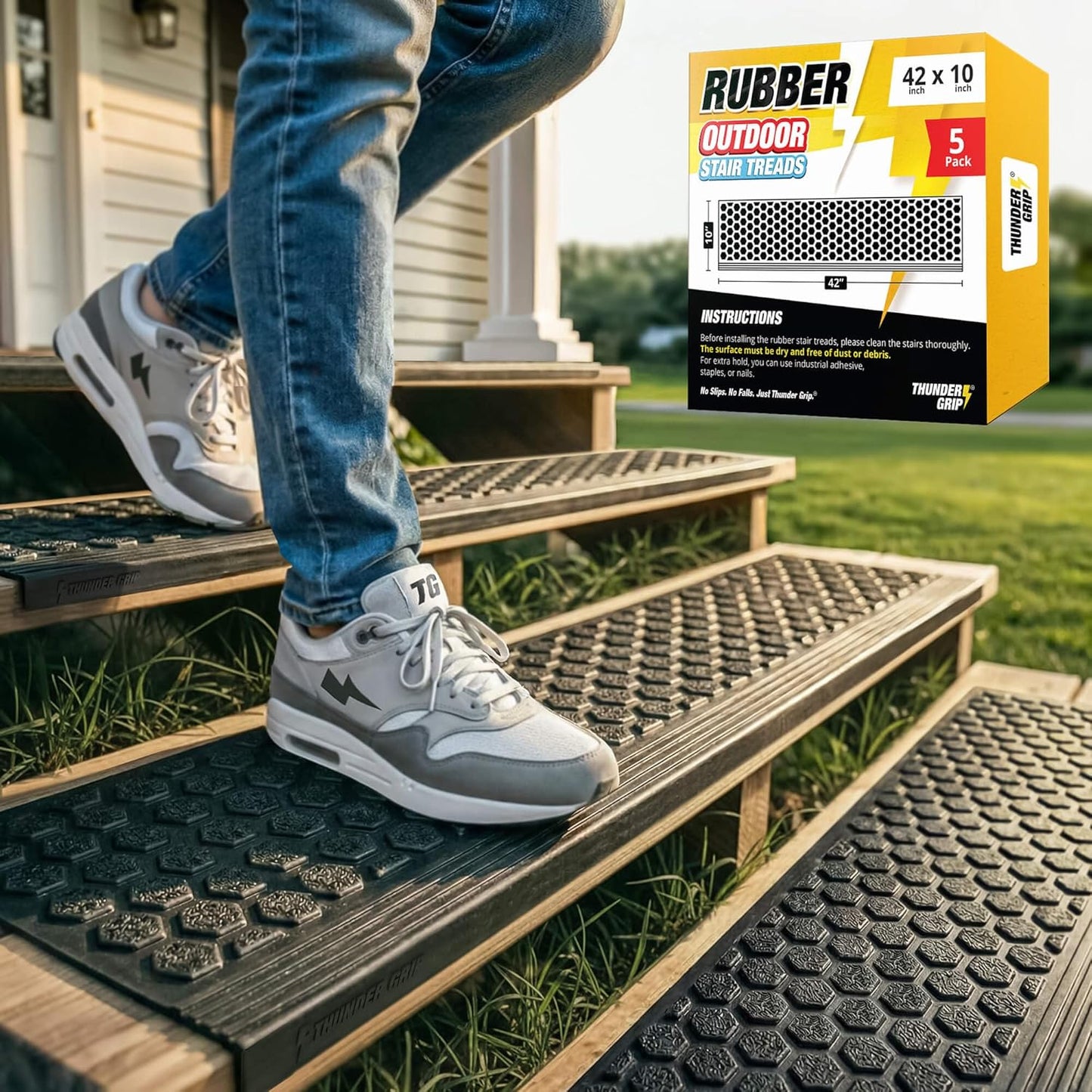 Rubber Stair Treads Outdoor 48"x10" 4-Pack - Heavy-Duty Outdoor Stair Treads Non-Slip Weather Resistant - Exterior Rubber Mats for Wooden Steps - Anti Slip Step Covers by Thunder Grip