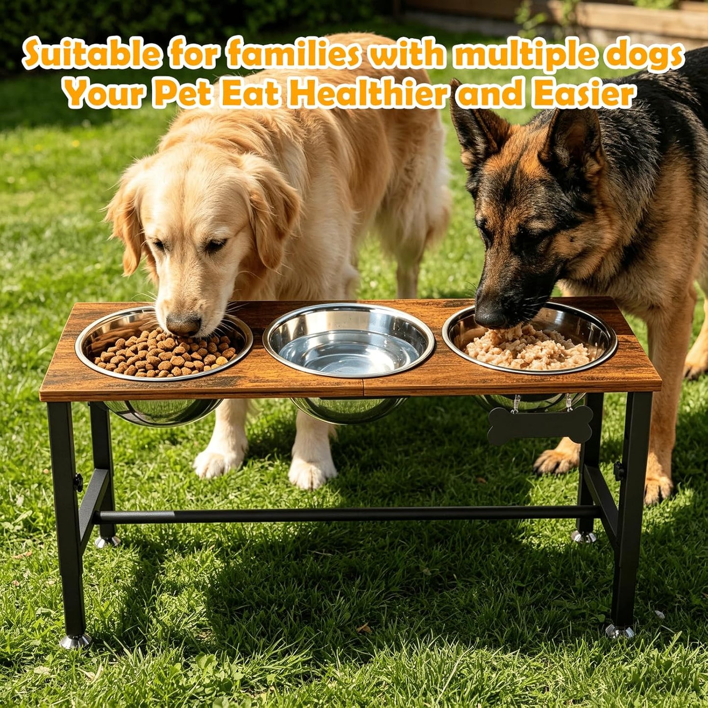 ADENGL Metal Raised Dog Bowl, 10" Tall Elevate Dog Feeder Stand with 2 Stainless Steel 42oz Bowls & 16x24 Non-Slip Mat – Stronger Dogs Food & Water Bowl Stand (Black)