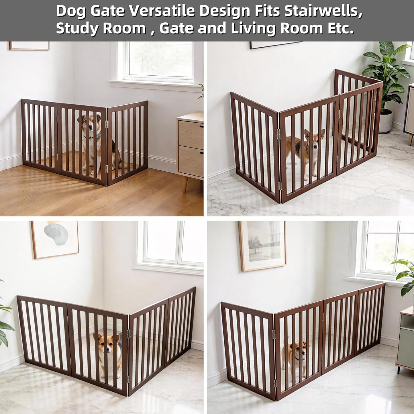 Dog Gate Indoor, Freestanding Dog Fence for The House, Doorways, Hallways,or Stairs,Pet Gate Foldable Wooden,Expandable 24" Height 3 Panels,White