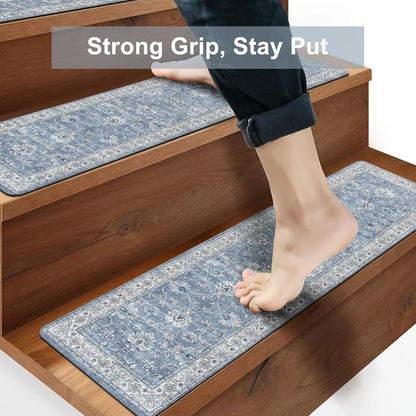 OJIA Extra Non-Slip Stair Treads for Wooden Steps 15PCS, 30"X8" Rubber Indoor Stair Runner Slip Resistant Stair Rugs Safety Mats for Dogs, Kids & Elders, Stairway Grip Step Treads, Gray