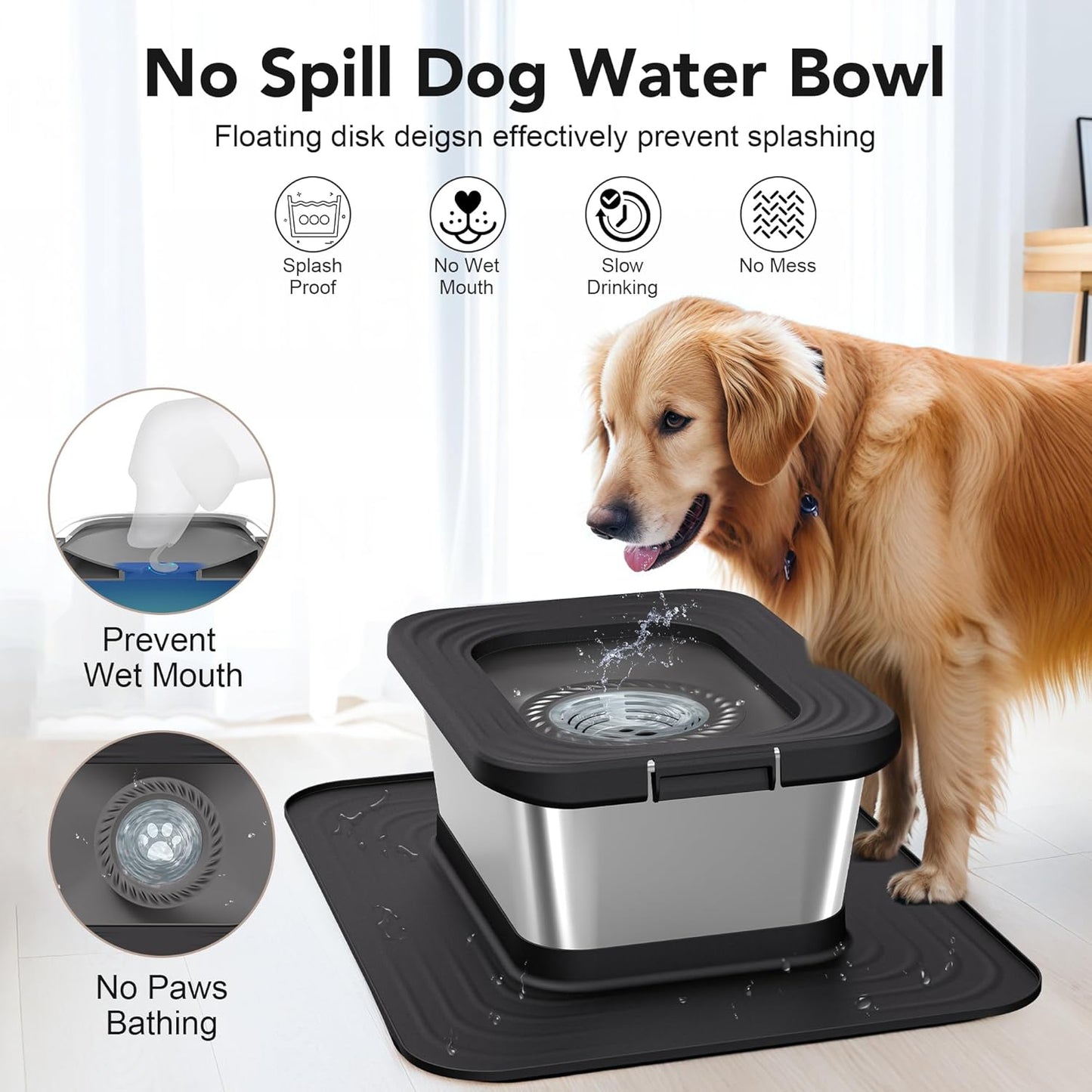 Decflow 10L Stainless Steel Dog Water Bowl, No Spill Anti-Splash Dog Bowls with XXL Silicone Mat, Spill-Proof Slow Feeder for Messy Drinkers, Heavy Duty Pet Bowls for Indoor/Outdoor Use Grey