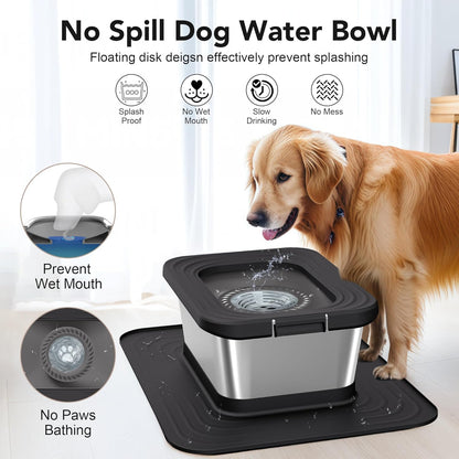 Decflow 10L Stainless Steel Dog Water Bowl, No Spill Anti-Splash Dog Bowls with XXL Silicone Mat, Spill-Proof Slow Feeder for Messy Drinkers, Heavy Duty Pet Bowls for Indoor/Outdoor Use Grey