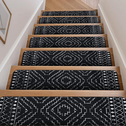 OJIA Boho Stair Treads Non-Slip Stair Runners for Wooden Steps Indoor 15PCS 30"x8" Washable Carpet Stair Treads Stair Mats Staircase Step Treads for Kids, Elders and Dogs, Stair Covers, Black