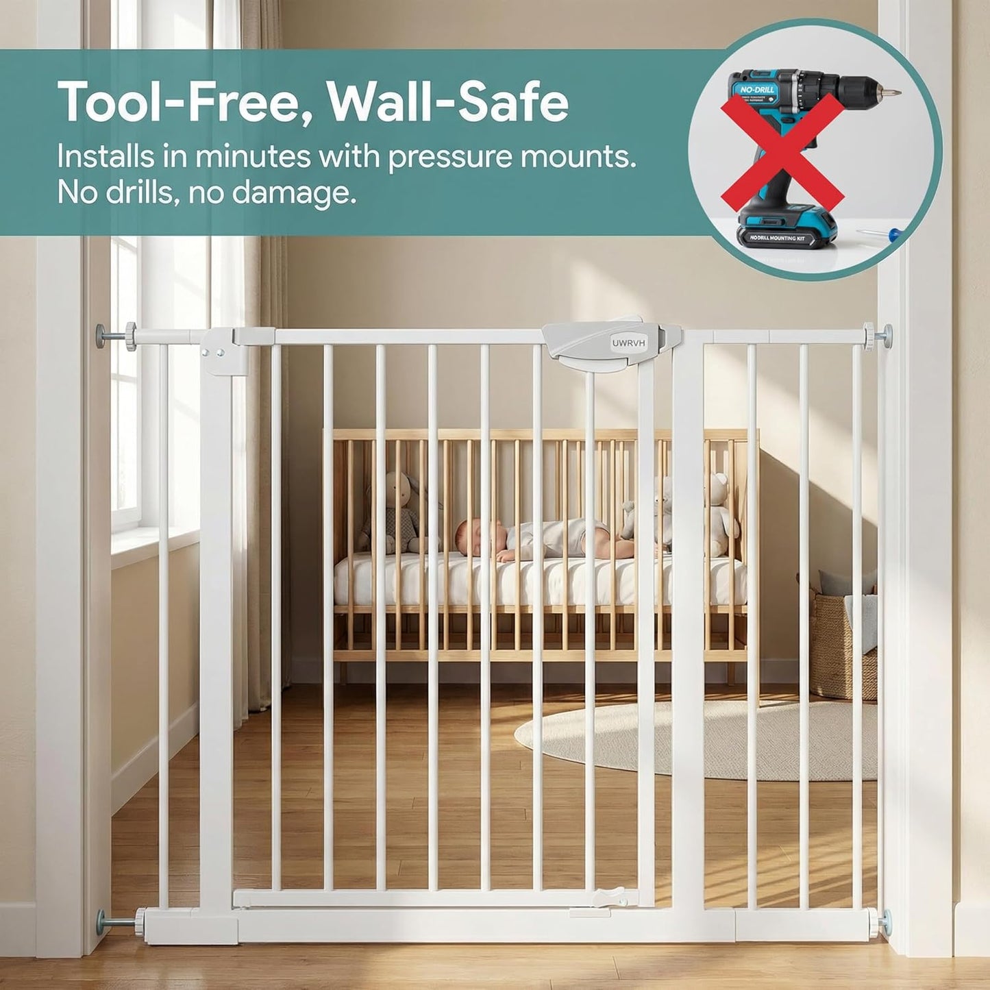 Safety Gate for Stairs & Doorways, Auto-Close Baby Gate or Dog Gate – Pressure Mount No Drilling, 30" Tall All Metal Frame with Dual Locking System (White, 30" Tall 29"-33" Wide)