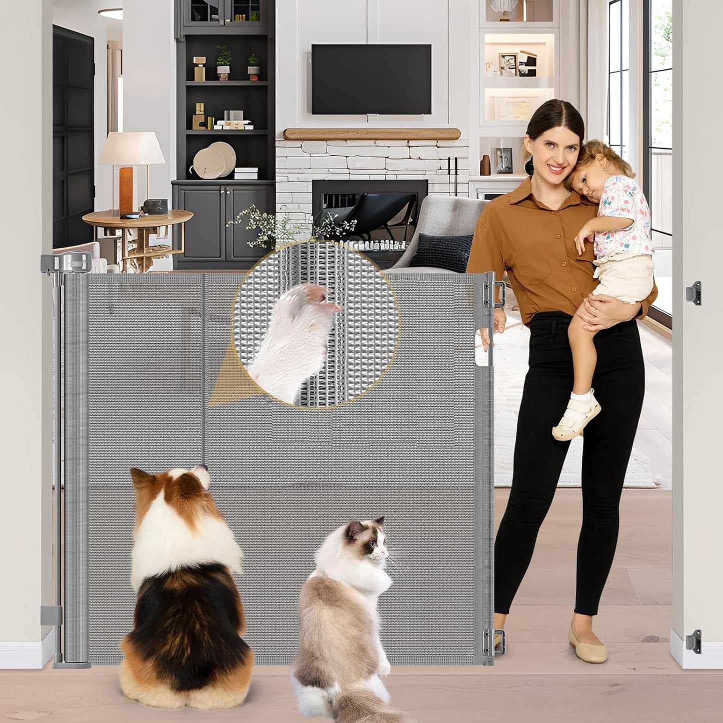Reinforced 42" Tall Retractable Dog Gate, 155" Extra Long Retractable Baby Gate with Support Rods - Prevent Crawling Under, Indoor/Outdoor Retractable Gate Extra Tall Baby Gate Retractable Fence/Black