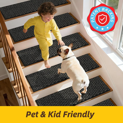 JSEI Stair Treads for Wooden Steps, 14 Pack 9" X 28" Non-Slip Machine Washable Carpet Stair Treads with TPE Backing, Soft Indoor Stair Rug Runner for Kids Elders & Pets, 100% Polyester, Greyish Brown