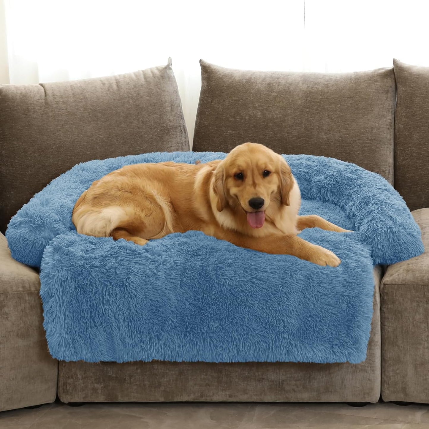 Calming Dog Bed Fluffy Plush Dog Mat for Furniture Protector with Removable Washable Cover for Large Medium Small Dogs and Cats (Large, Light Grey)