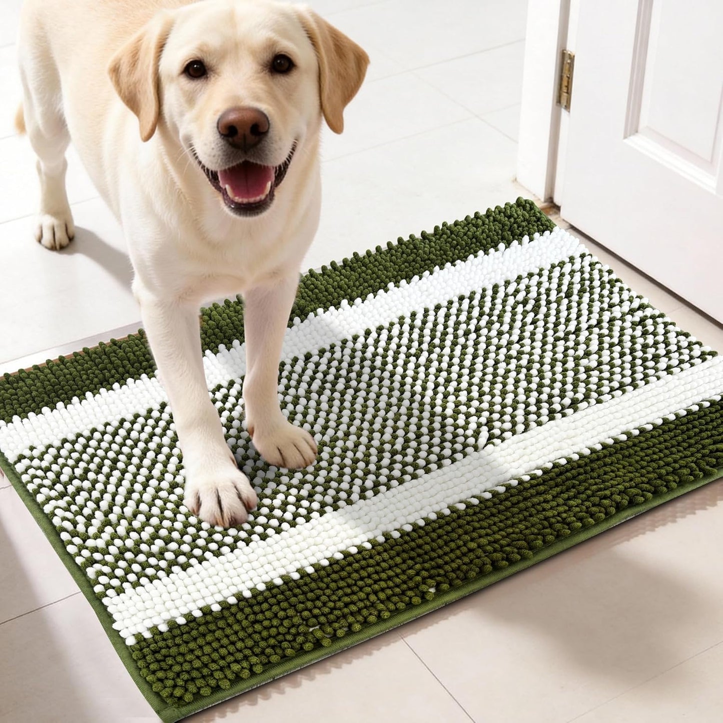 pobopobo Dog Door Mat for Muddy Paws - Absorbent & Washable Chenille Rug, Non-Slip Dirt Trapper for Indoor Outdoor Entryway, Quick Dry Pet Mat for Muddy Dogs (Striped Gray-Blue&White, 24" x 16")