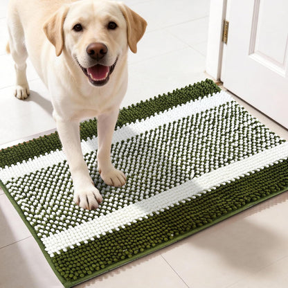 pobopobo Dog Door Mat for Muddy Paws - Absorbent & Washable Chenille Rug, Non-Slip Dirt Trapper for Indoor Outdoor Entryway, Quick Dry Pet Mat for Muddy Dogs (Striped Gray-Blue&White, 24" x 16")
