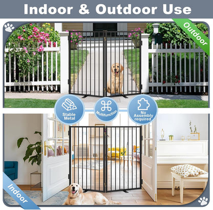 Metal Freestanding Dog Gates with Door for Outdoor Indoor,80'' Extra Wide 32'' Tall Free Standing Dog Gate for Doorways,Large Openings,Deck,Yard,Foldable Safety Pet Fence(Black,4 Panels)